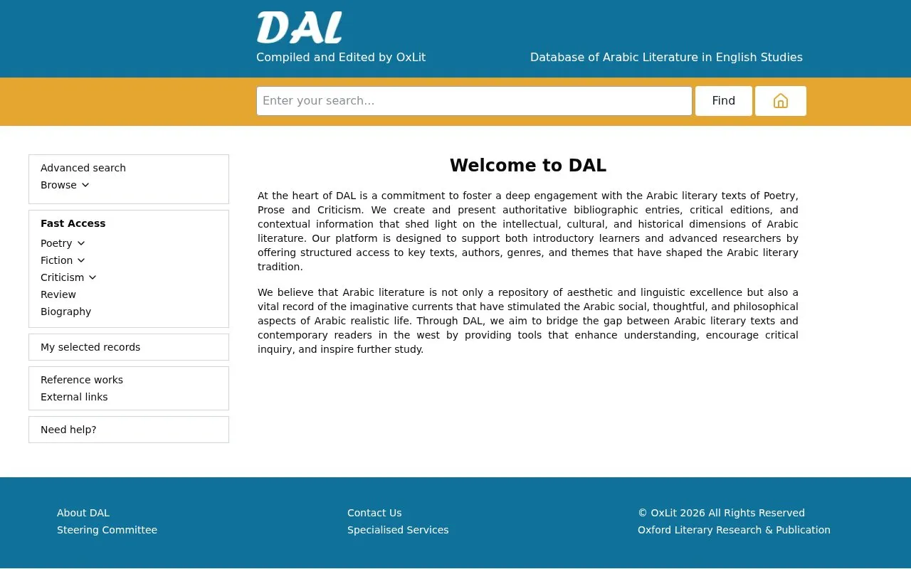 Database of Arabic Literature in Western Research homepage screenshot