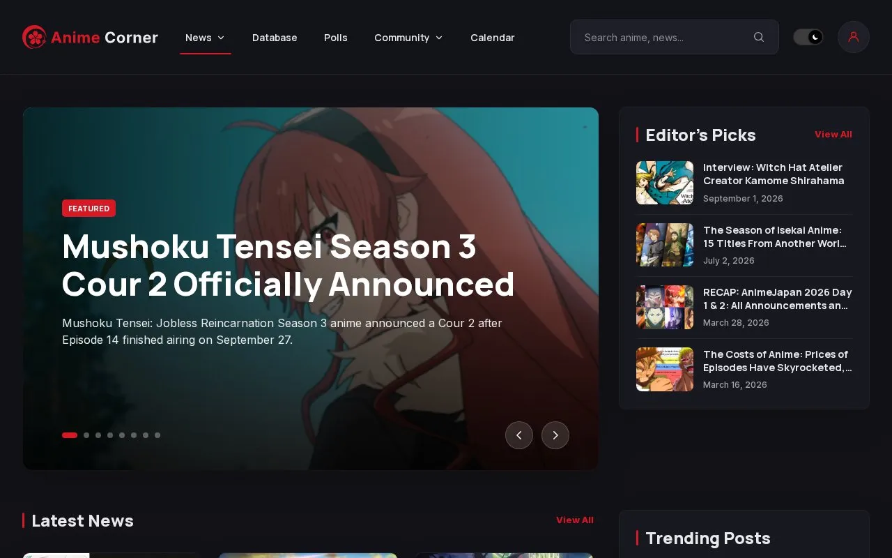 Anime Corner homepage screenshot