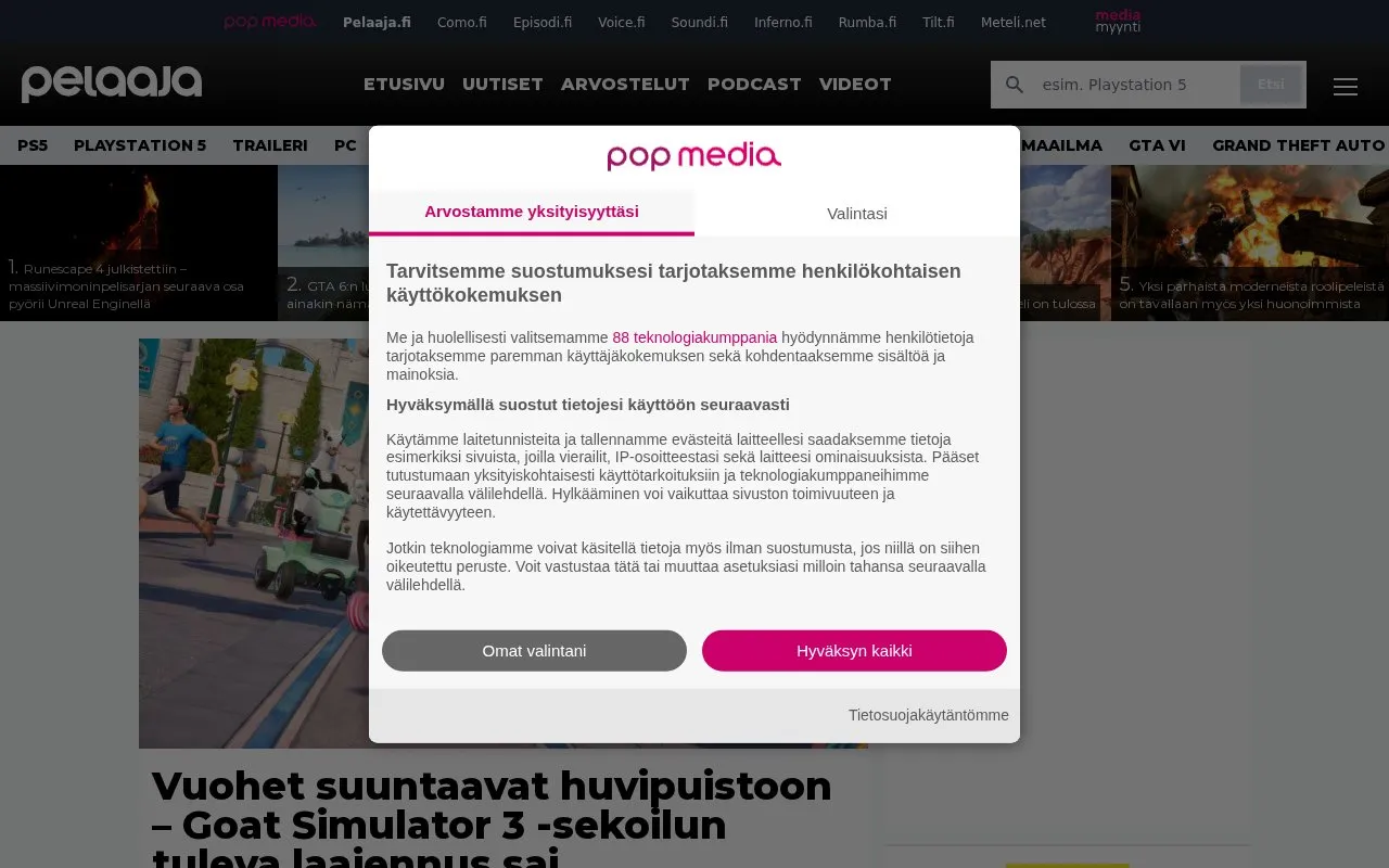 Pelaaja homepage screenshot