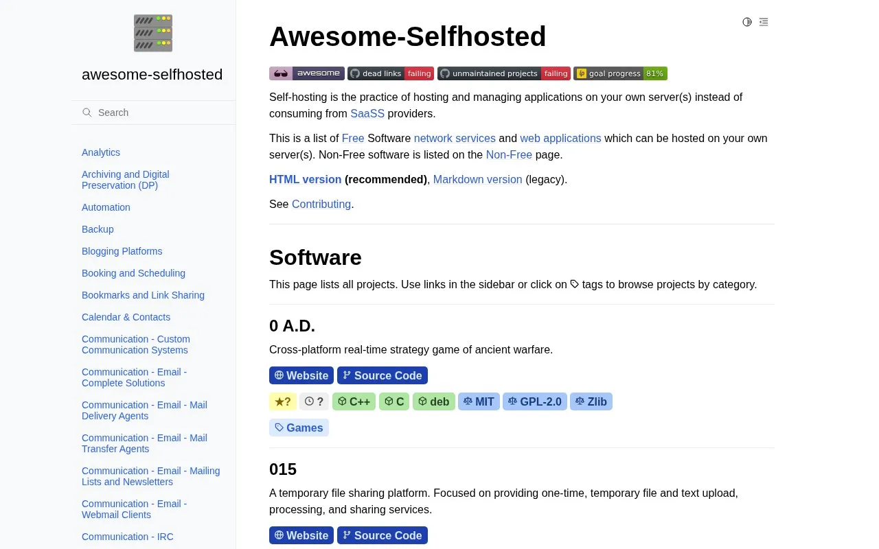 Awesome Selfhosted homepage screenshot