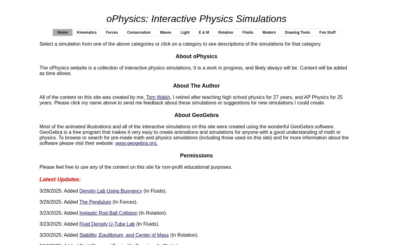oPhysics homepage screenshot