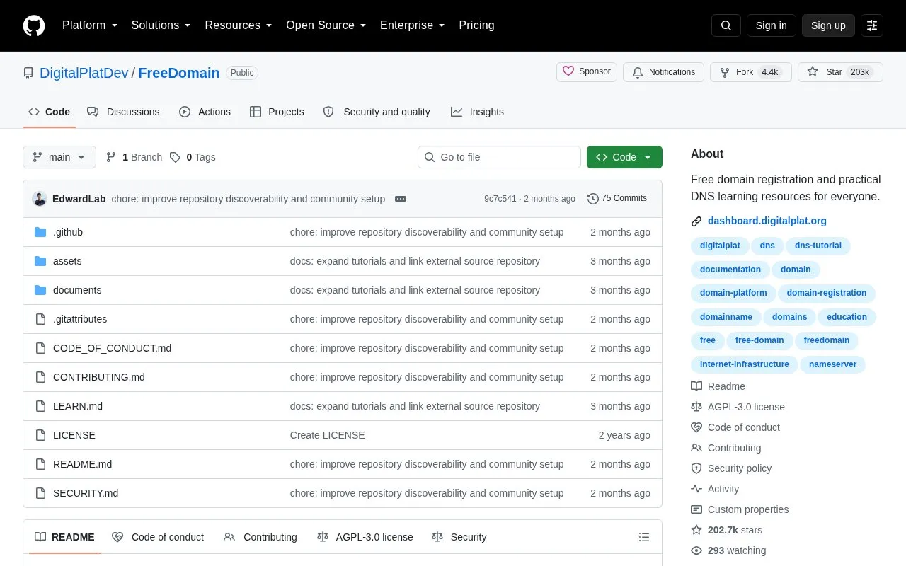 Free Domain homepage screenshot