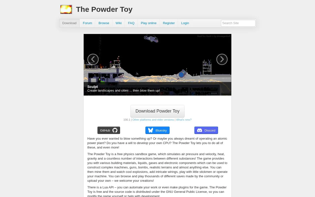 Powder Toy homepage screenshot