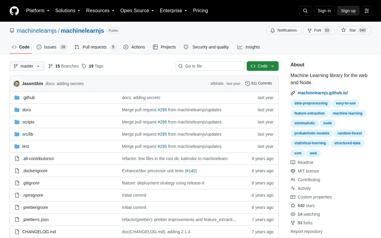 machinelearn.js homepage screenshot