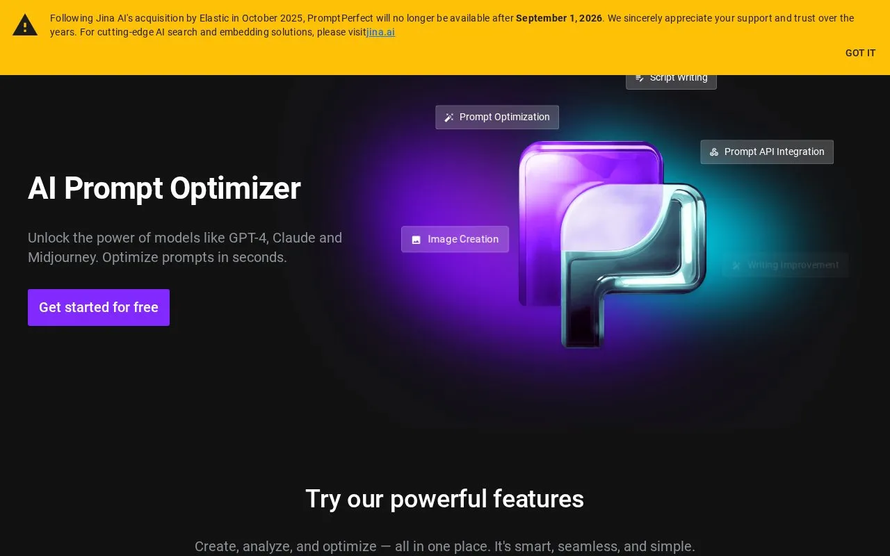 PromptPerfect homepage screenshot