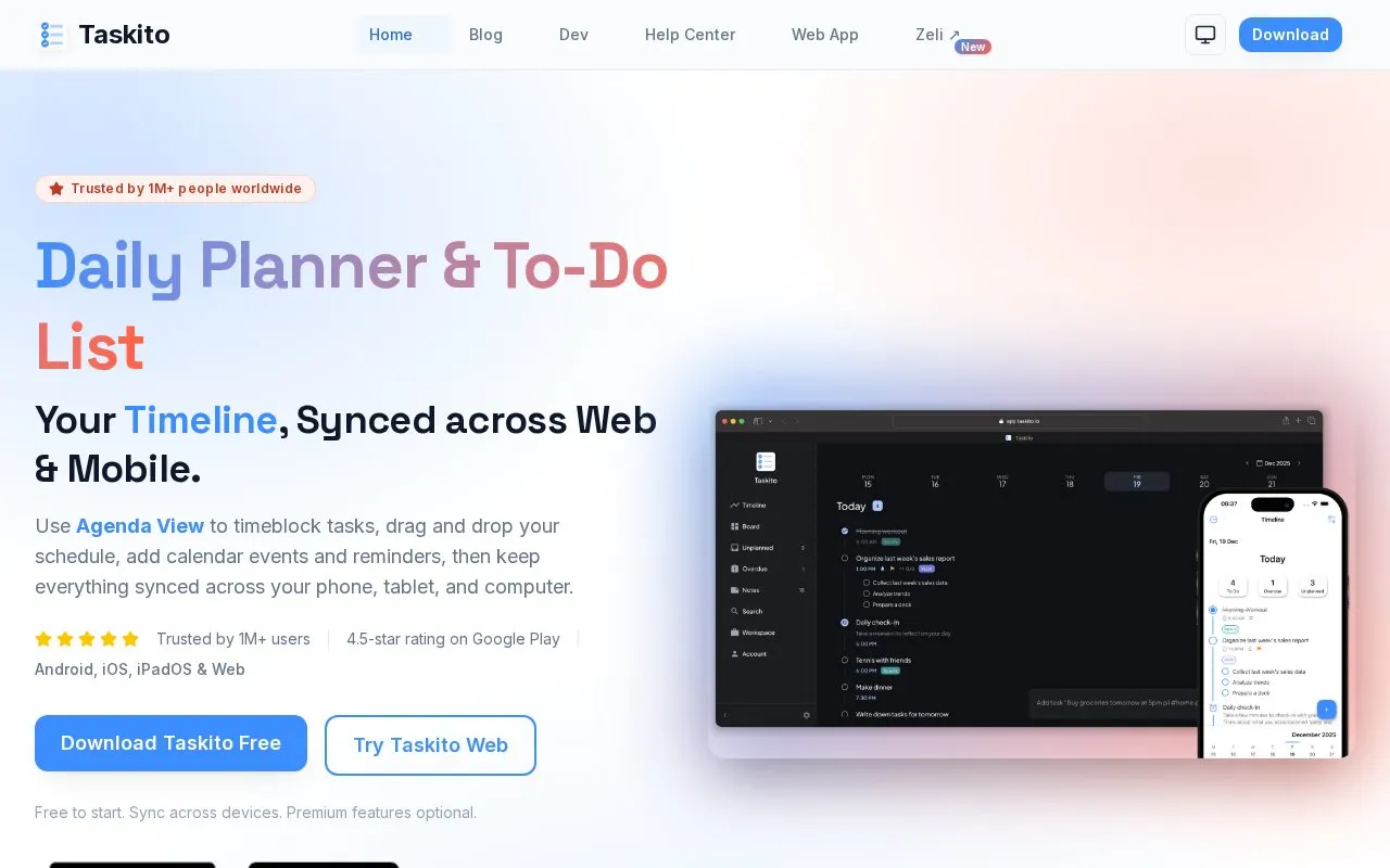 Taskito homepage screenshot