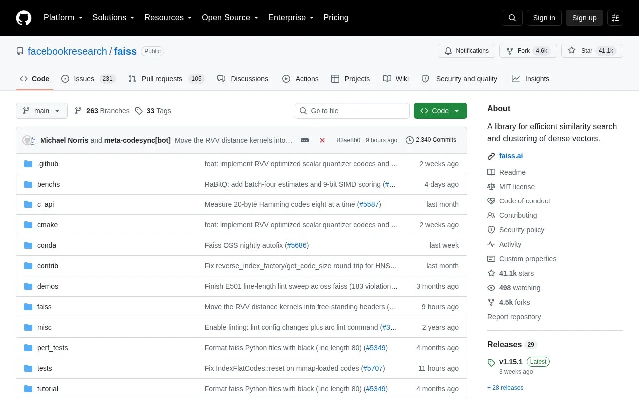 facebookresearch/faiss homepage screenshot