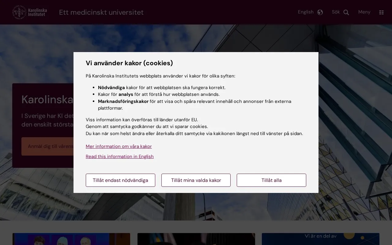 Karolinska Institute homepage screenshot
