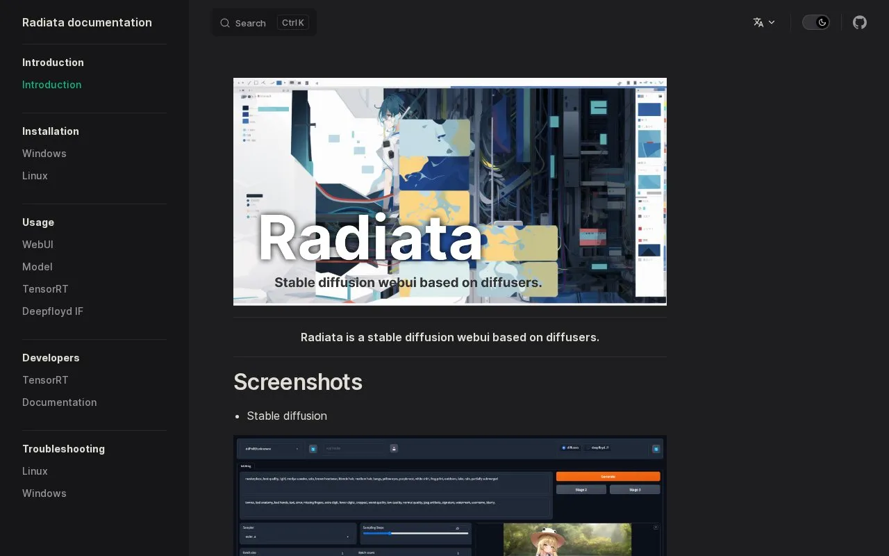 Radiata homepage screenshot
