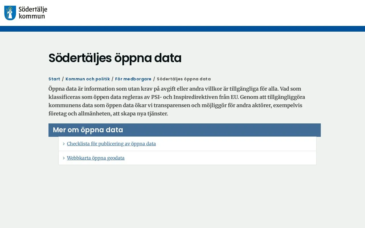 Södertäljes open data homepage screenshot