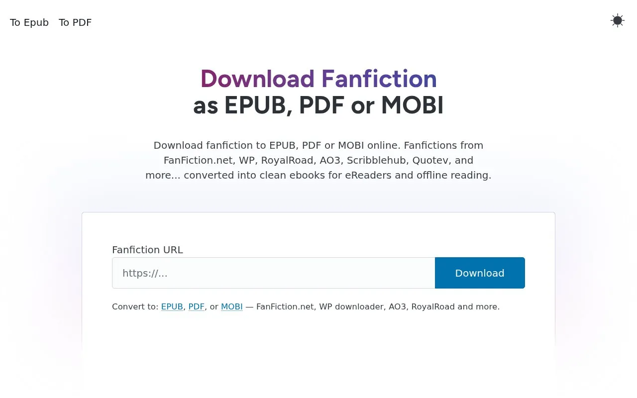 FicDownloader homepage screenshot