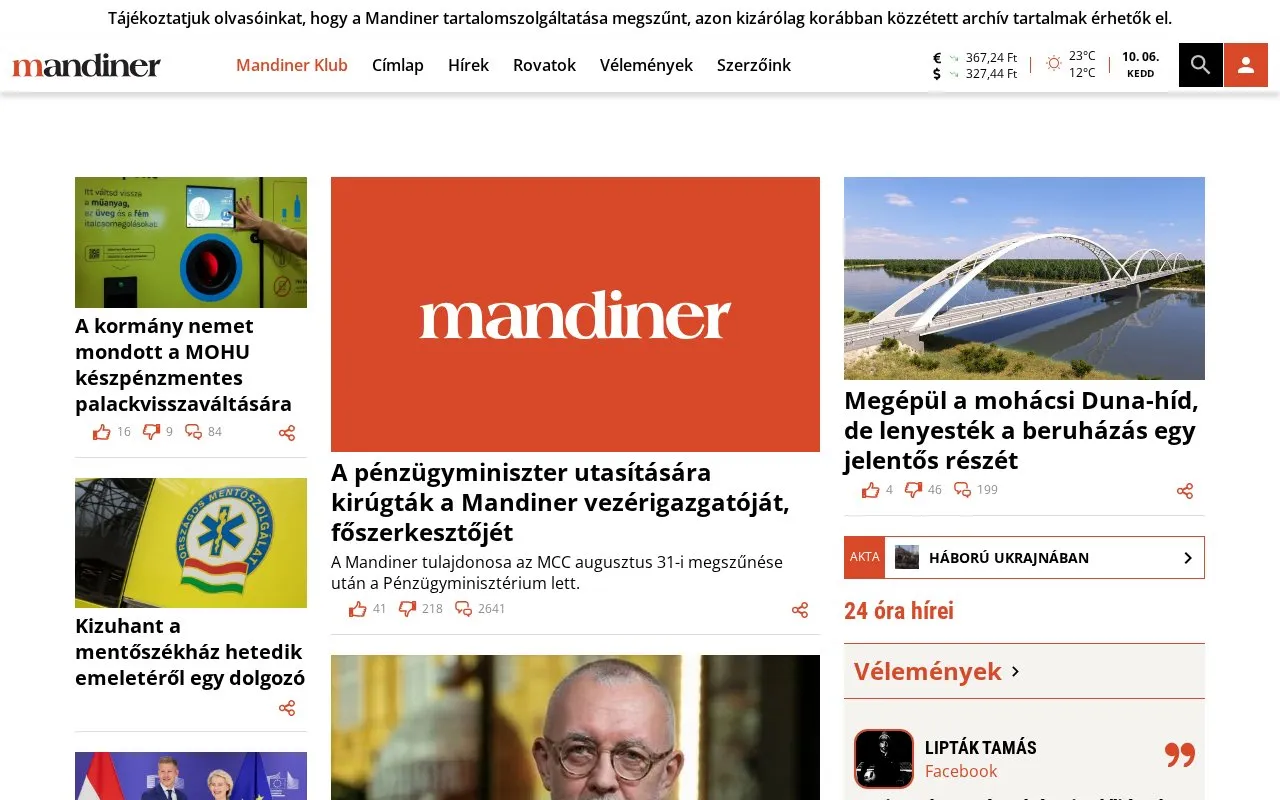 mandiner.hu homepage screenshot