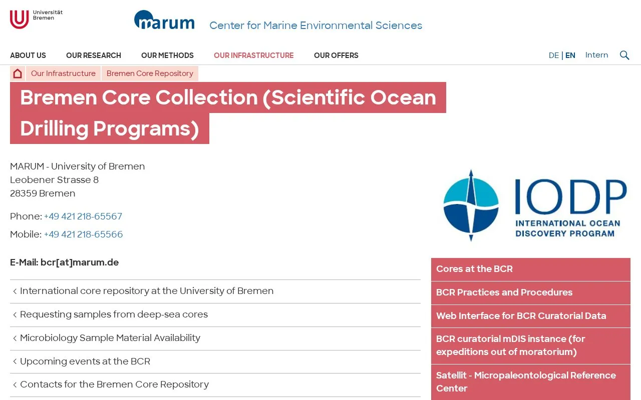 IODP Bremen Core Repository homepage screenshot