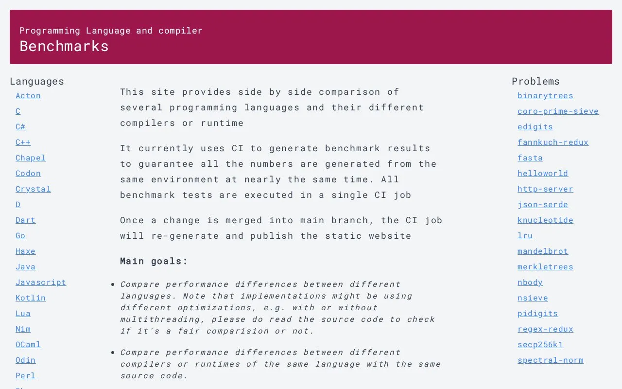 Language Benchmarks homepage screenshot