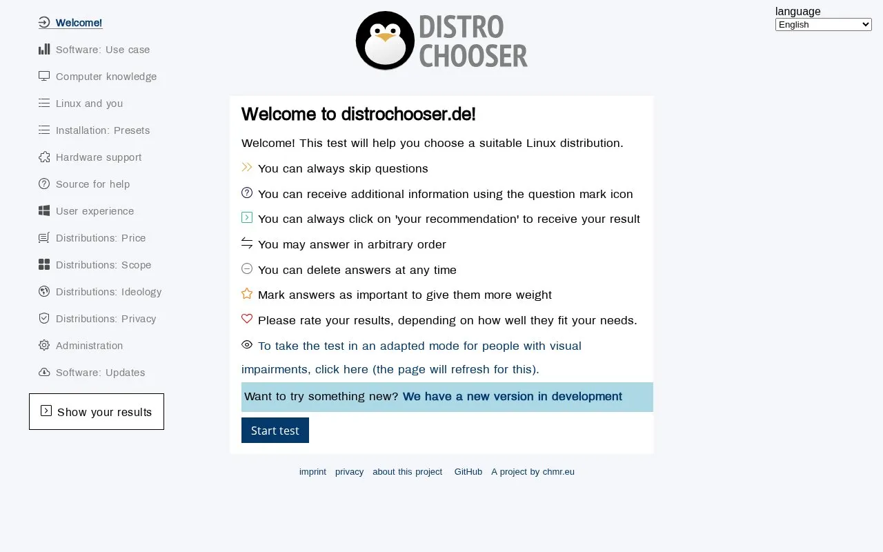 DistroChooser homepage screenshot