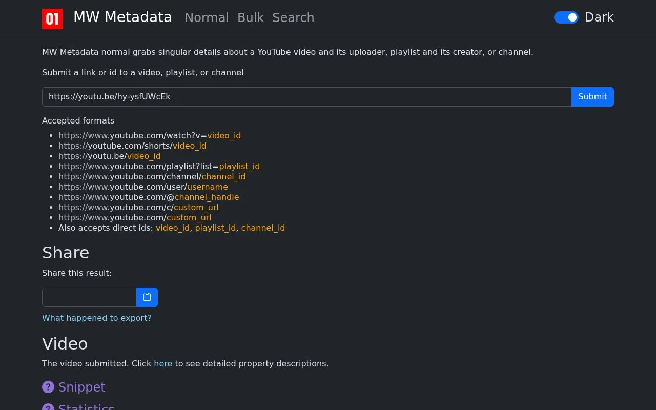 YouTube Metadata homepage screenshot
