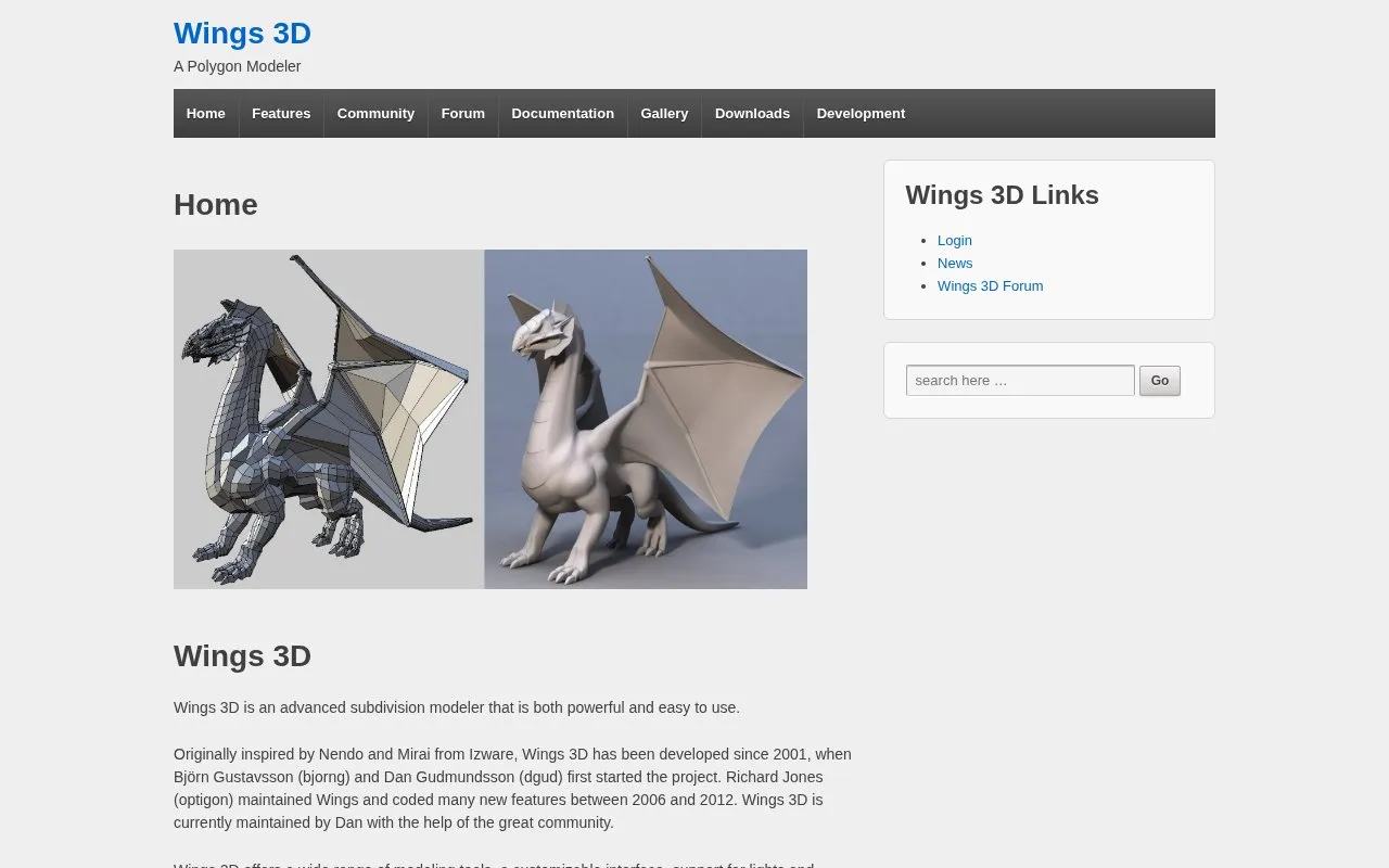 Wings 3D homepage screenshot