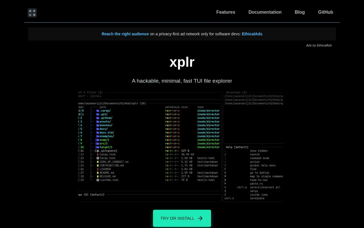 xplr homepage screenshot