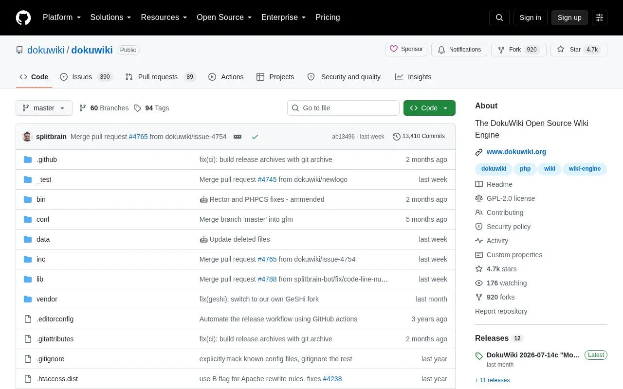 Dokuwiki homepage screenshot