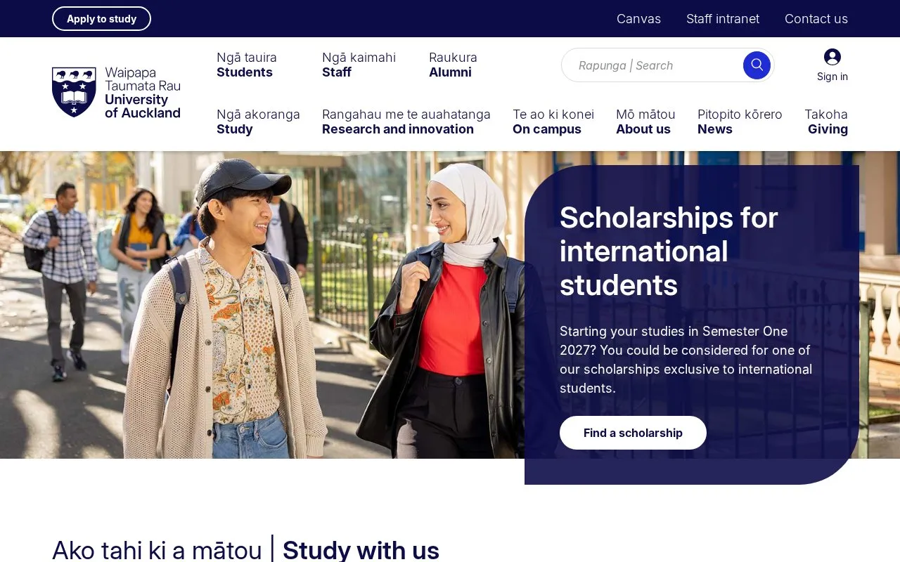 University of Auckland homepage screenshot