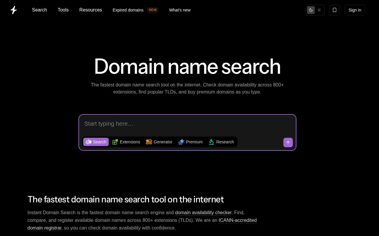 InstantDomain homepage screenshot