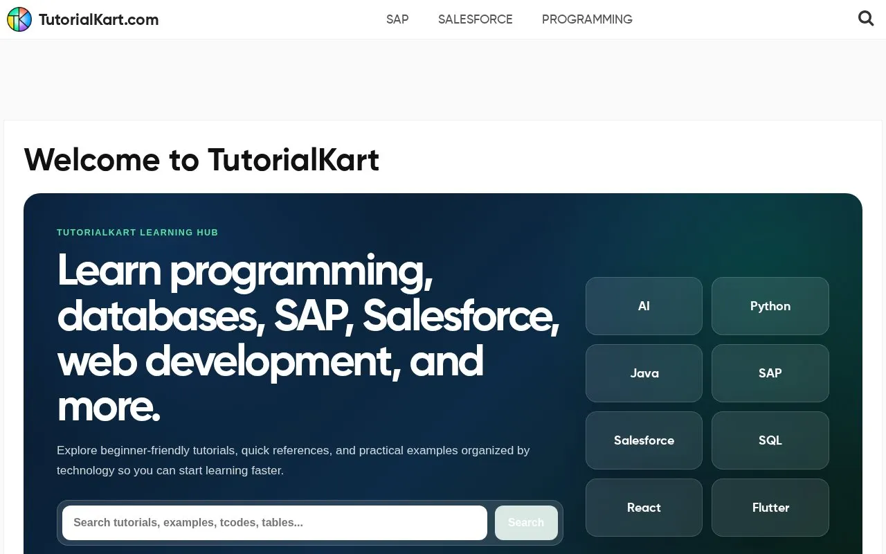 TutorialKart homepage screenshot