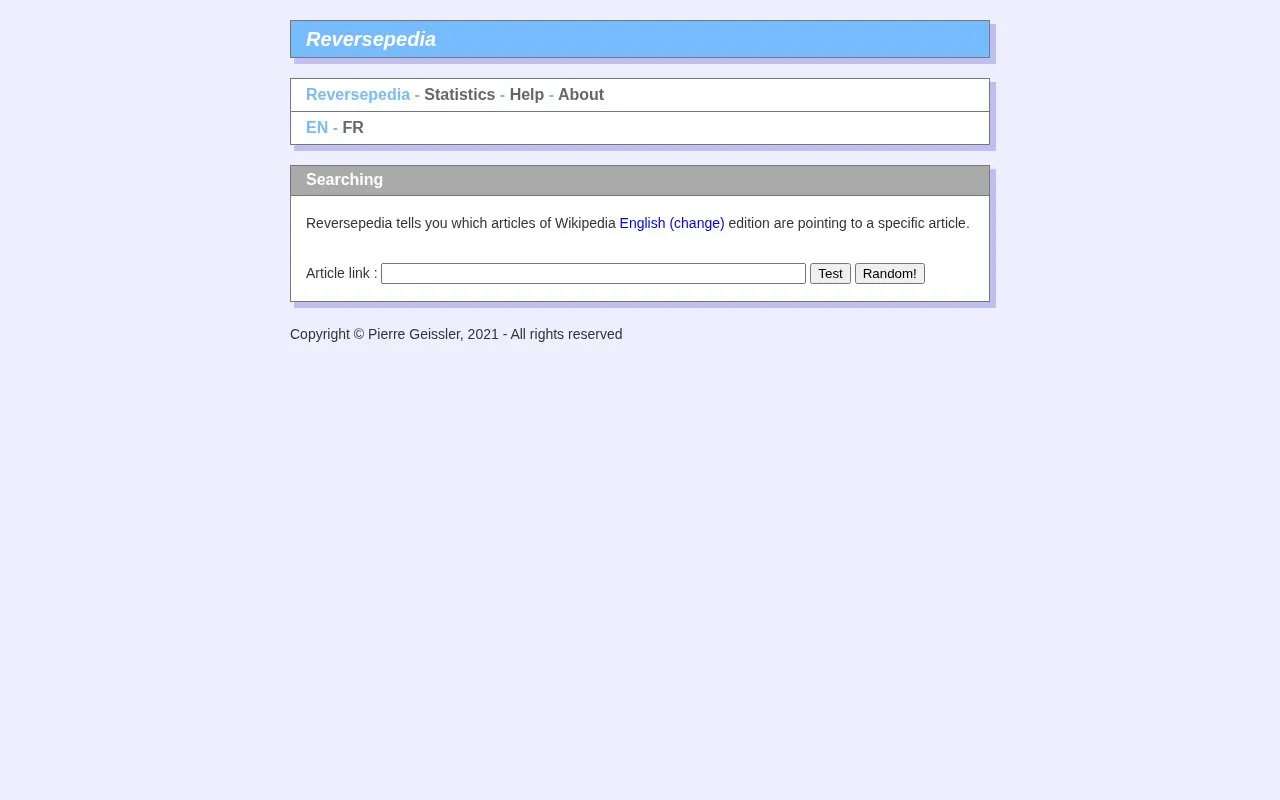 Reversepedia homepage screenshot