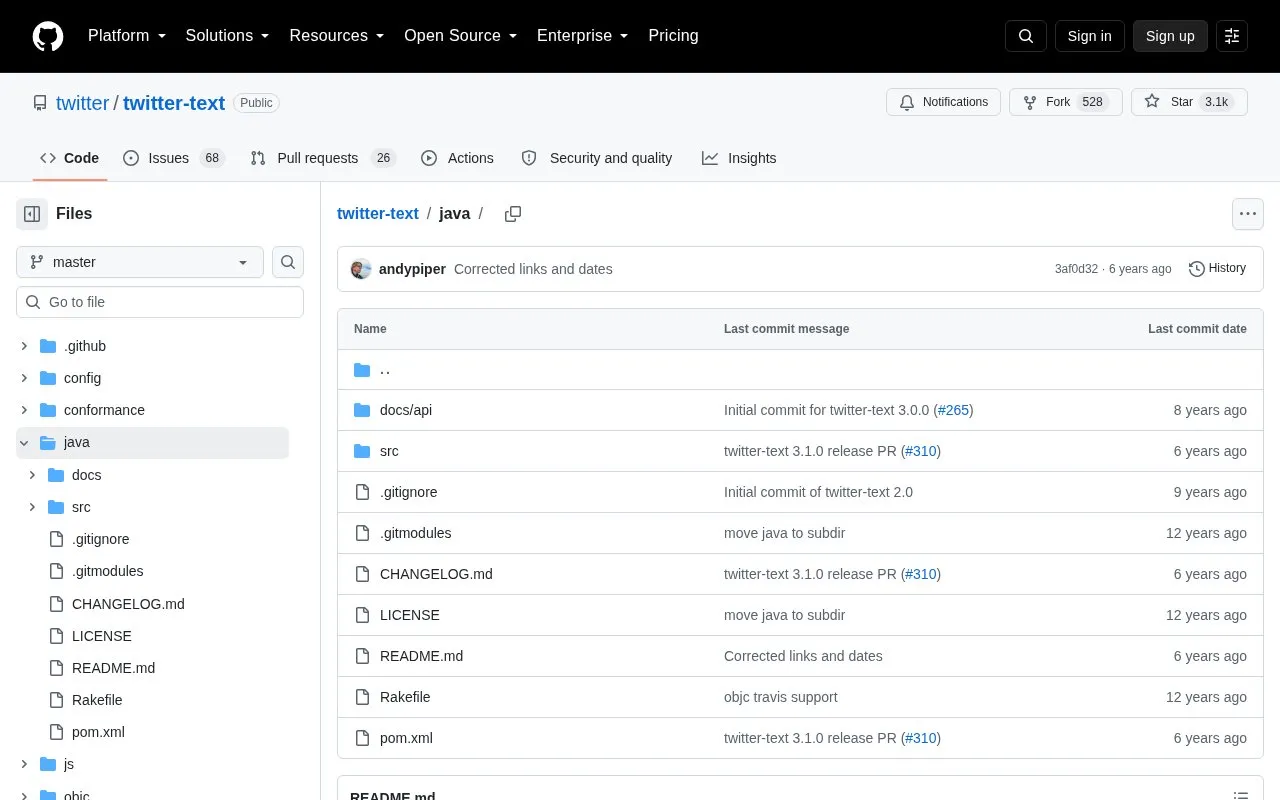 Twitter Text Java homepage screenshot