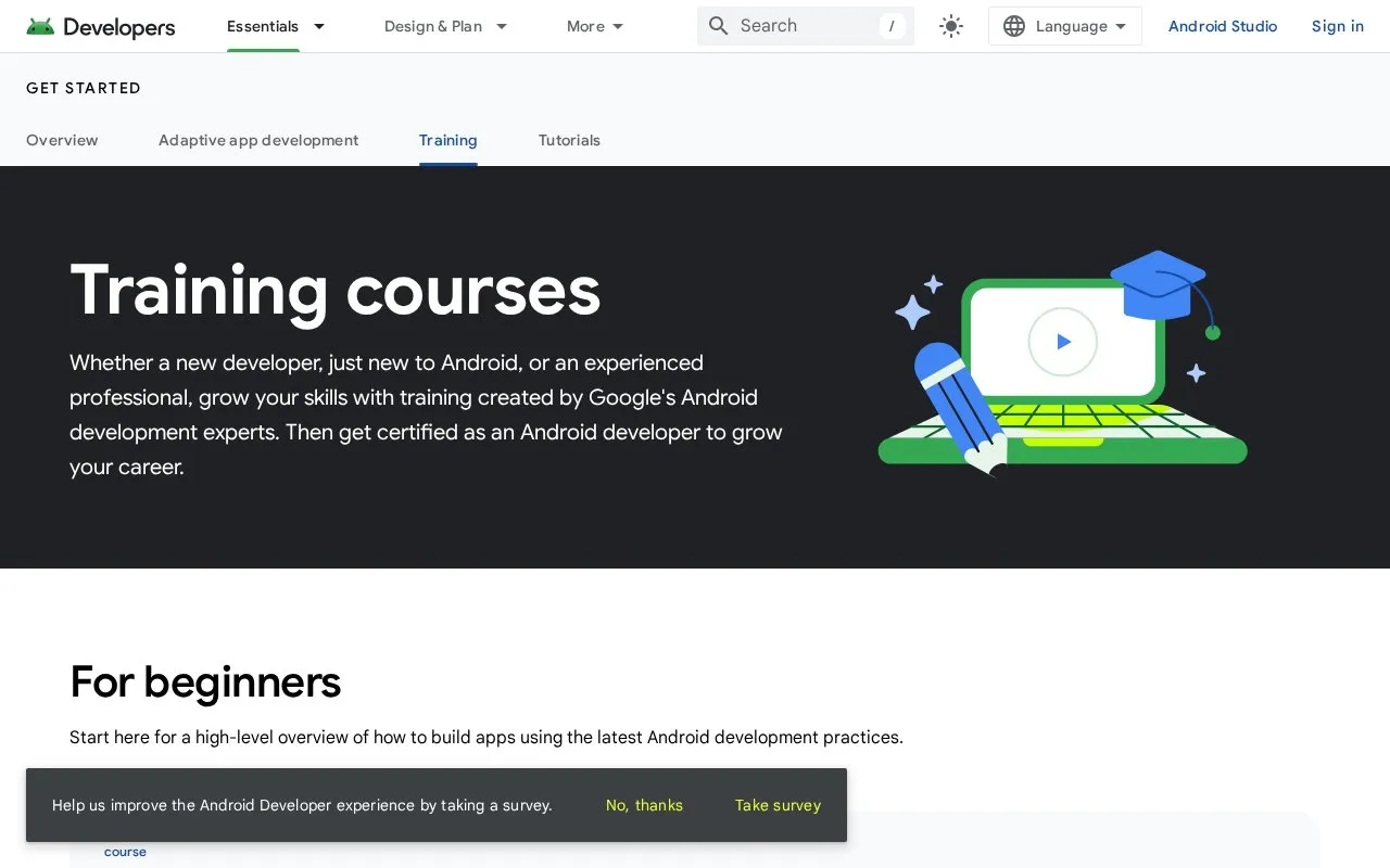 Official Android Courses homepage screenshot