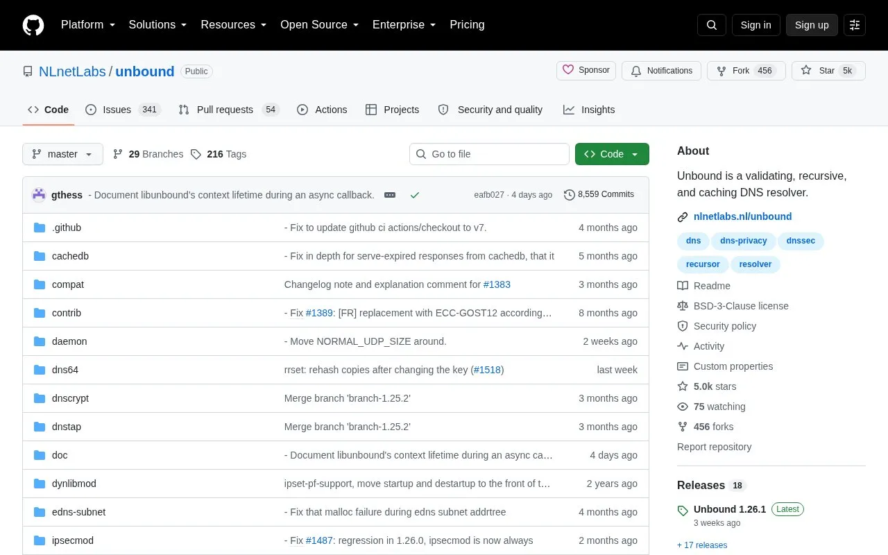 Unbound homepage screenshot