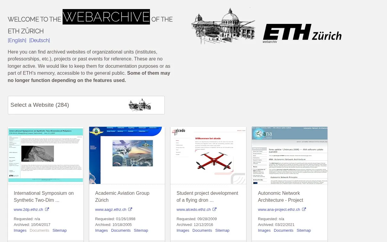 ETH Zürich Web Archive homepage screenshot