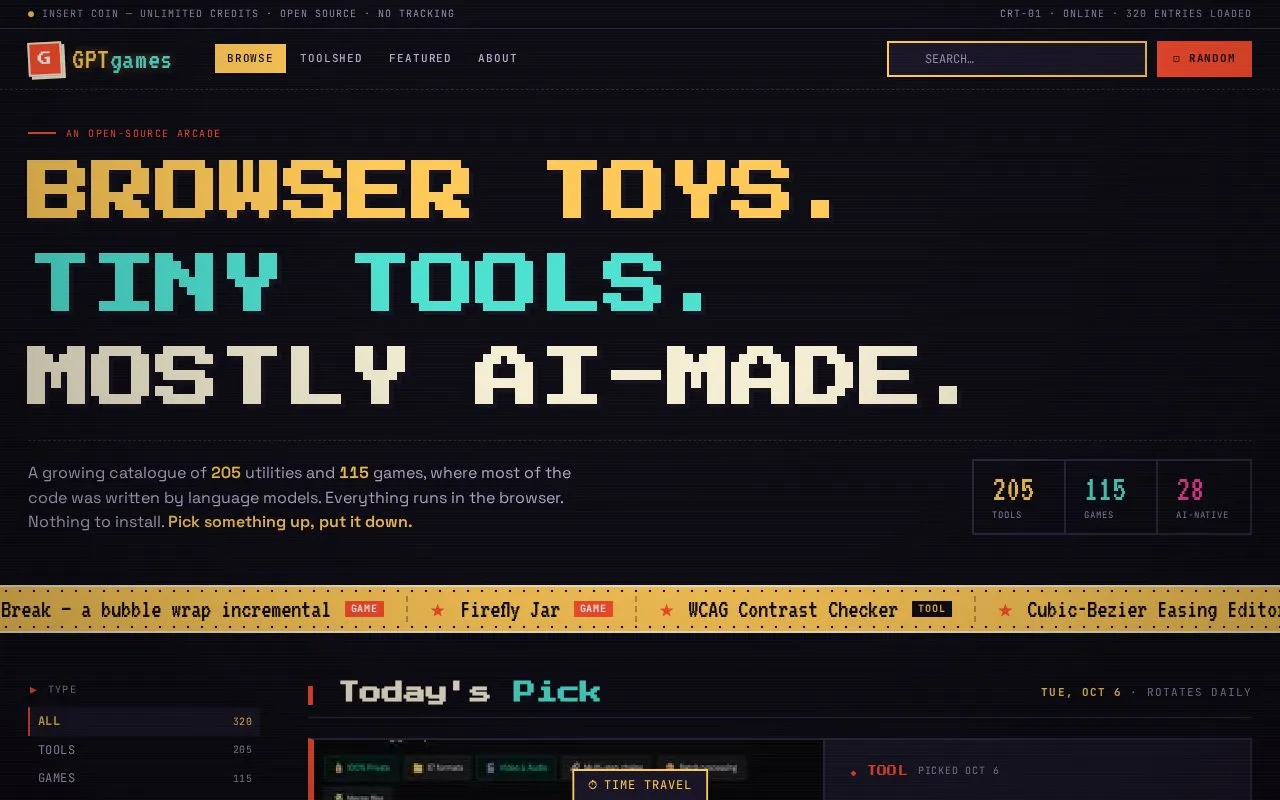 GPTGames homepage screenshot