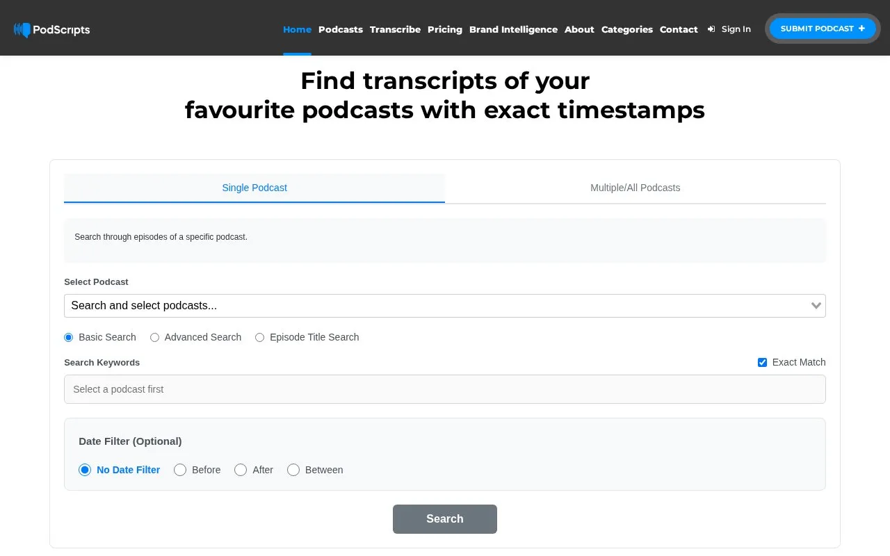 PodScripts homepage screenshot