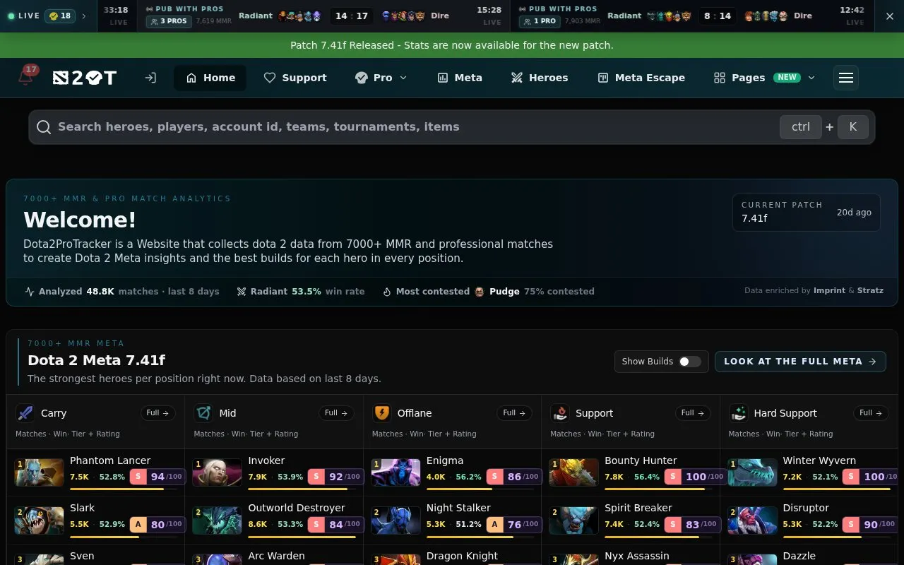 Dota2ProTracker homepage screenshot