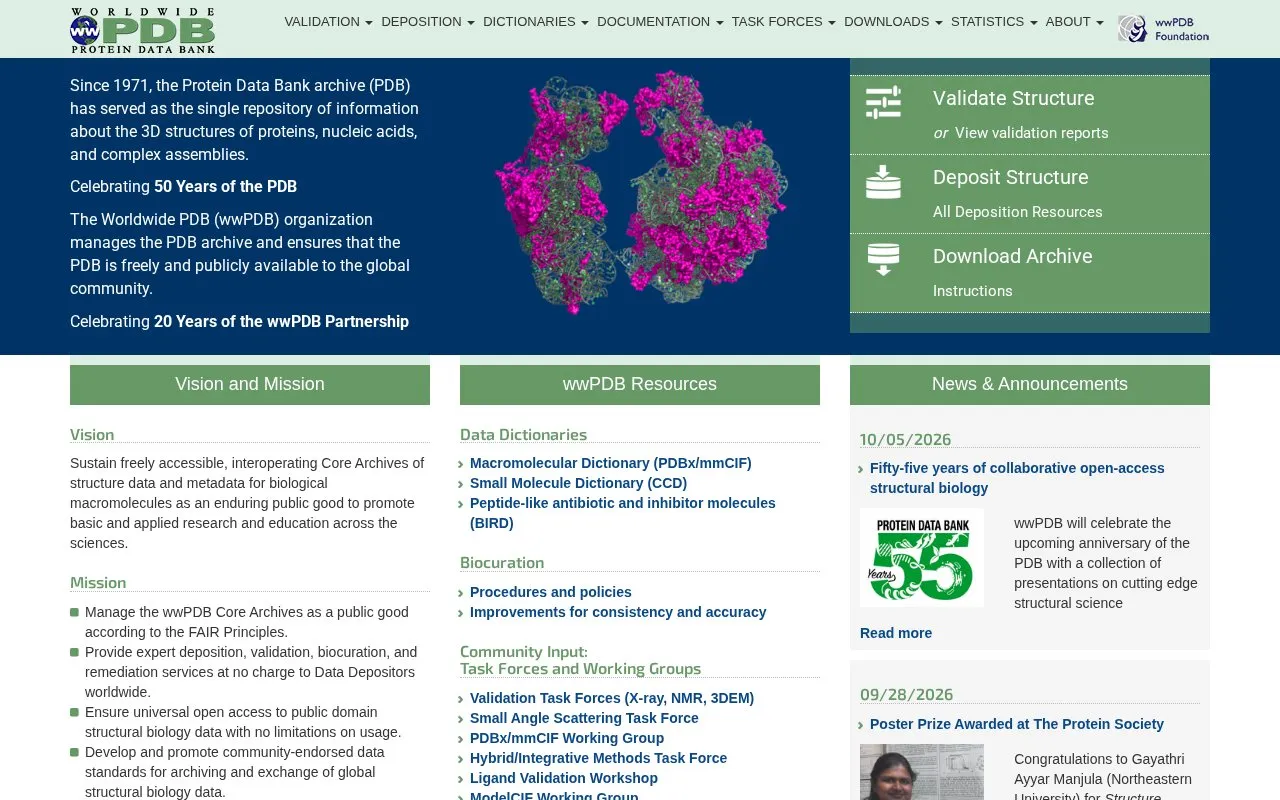 Worldwide Protein Data Bank homepage screenshot