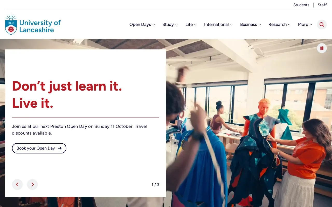 University of Central Lancashire homepage screenshot