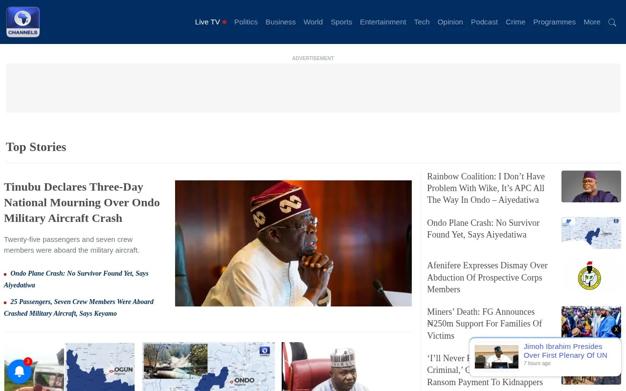 Channels Television homepage screenshot