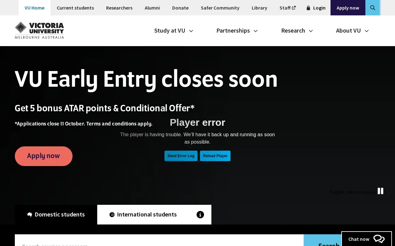 Victoria University homepage screenshot