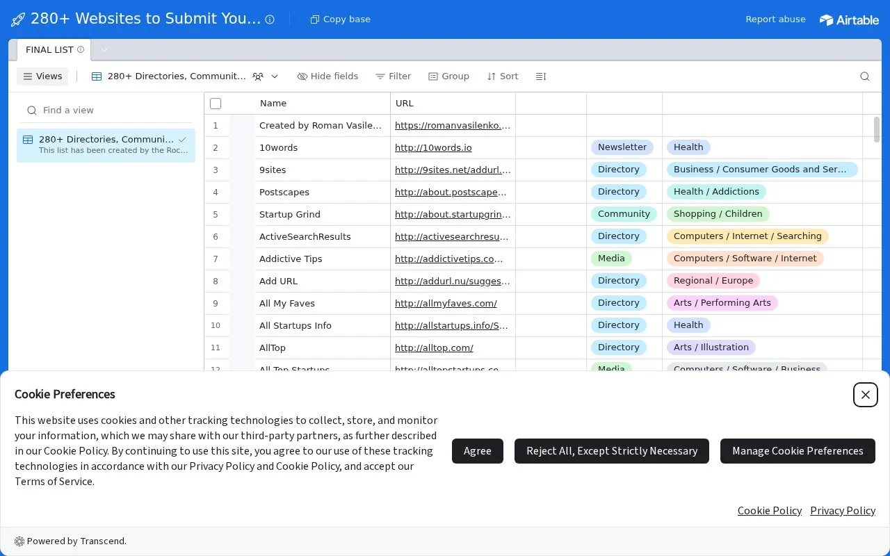 280+ Websites to Submit Your Startup homepage screenshot