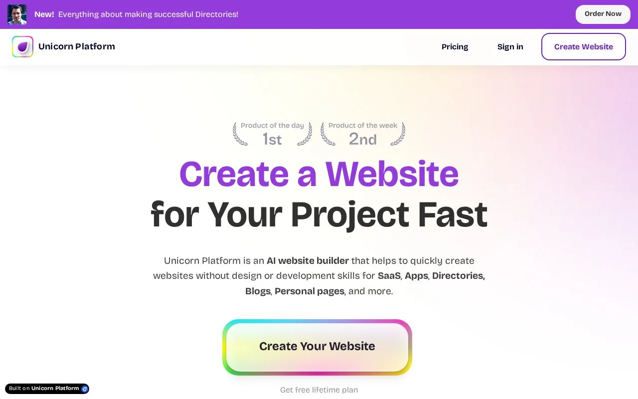 Unicorn Platform homepage screenshot