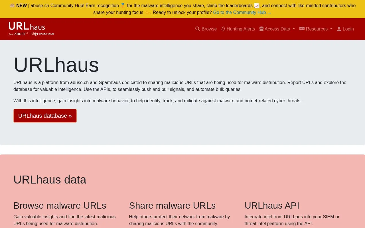 URLhaus homepage screenshot