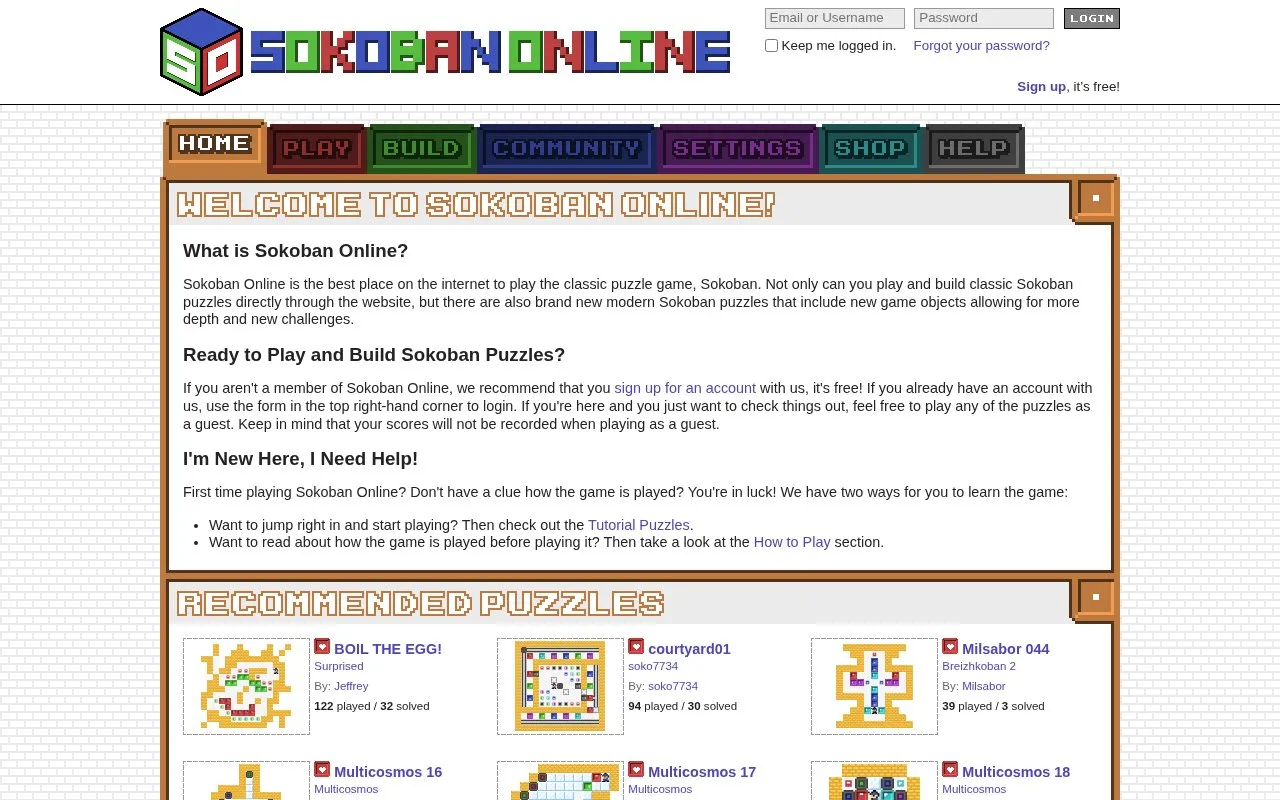 Sokoban Online homepage screenshot