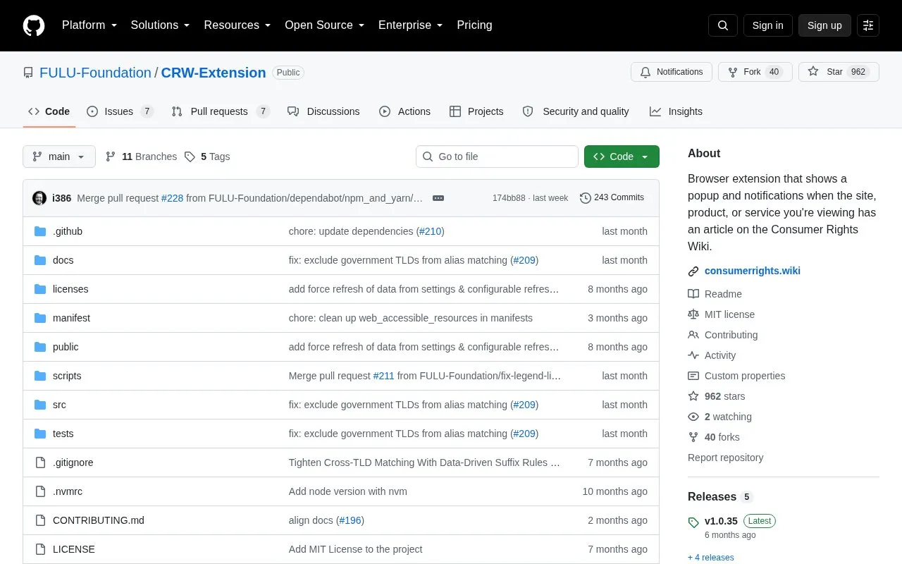 CRW-Extension homepage screenshot