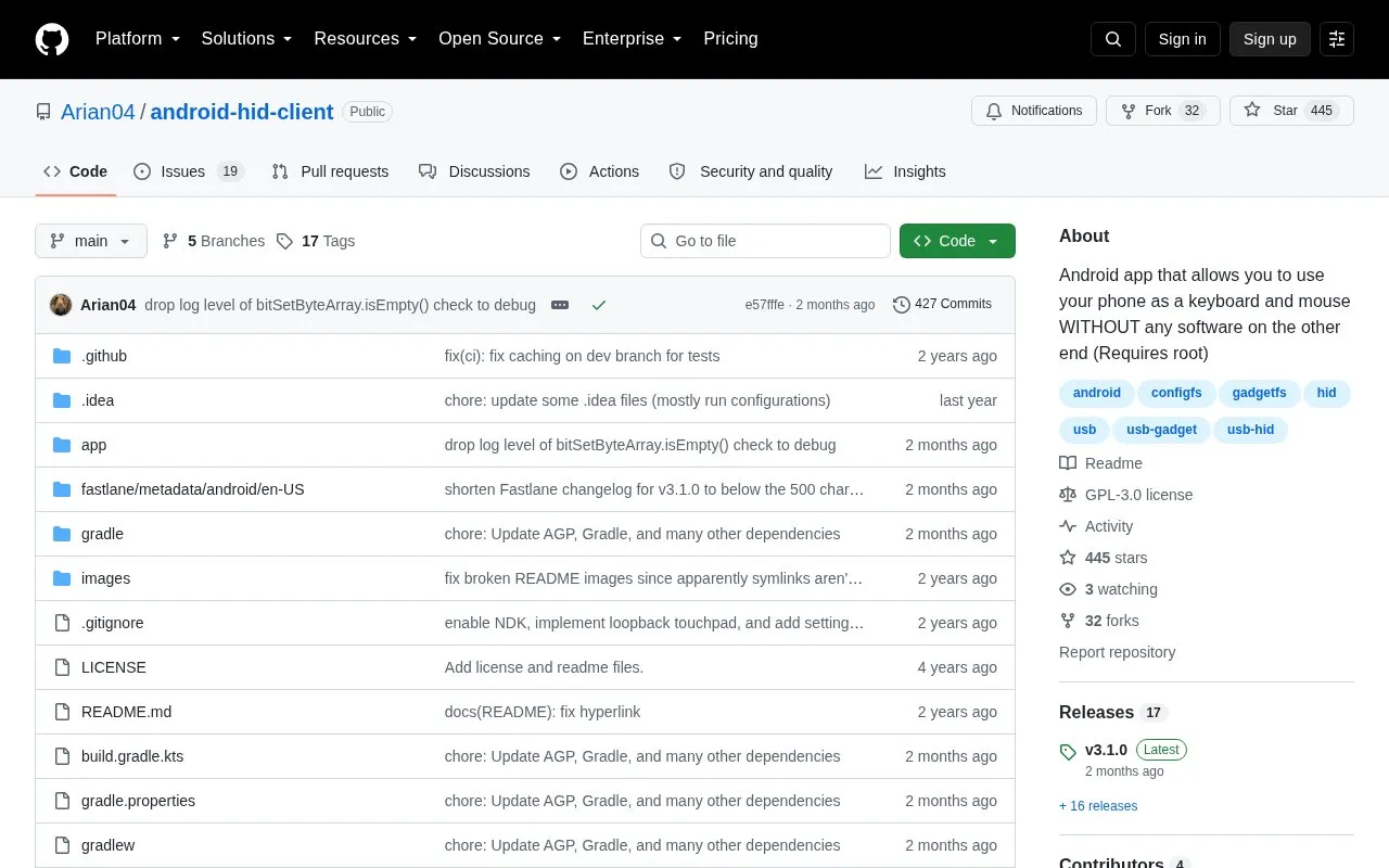 USB HID Client homepage screenshot