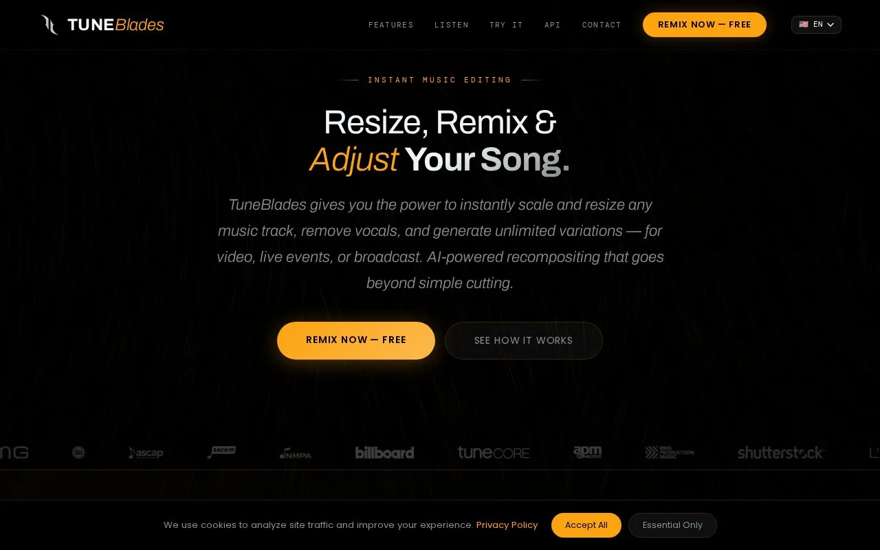 TuneBlades homepage screenshot