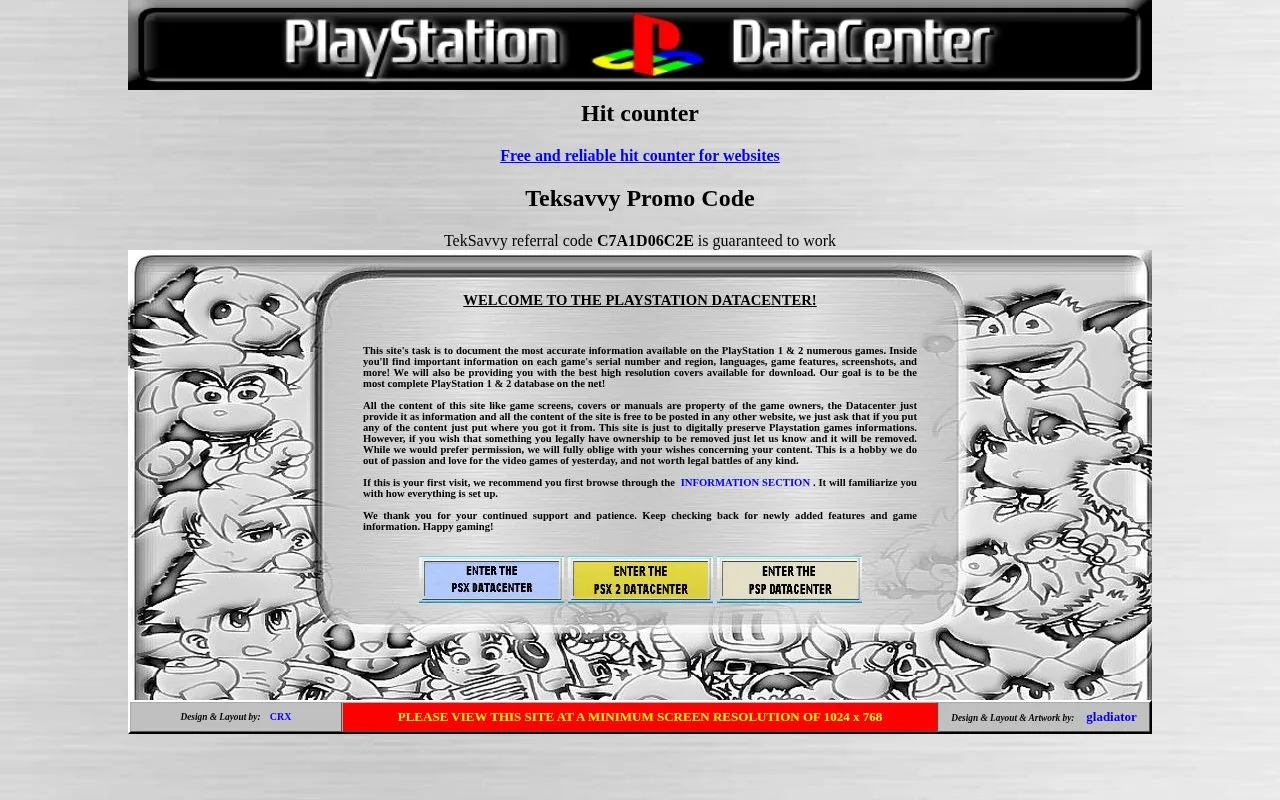 The Playstation Datacenter homepage screenshot