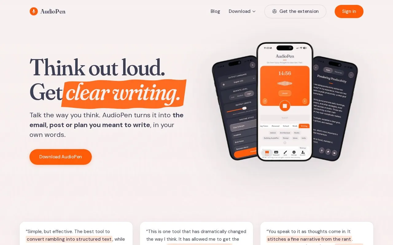 AudioPen homepage screenshot