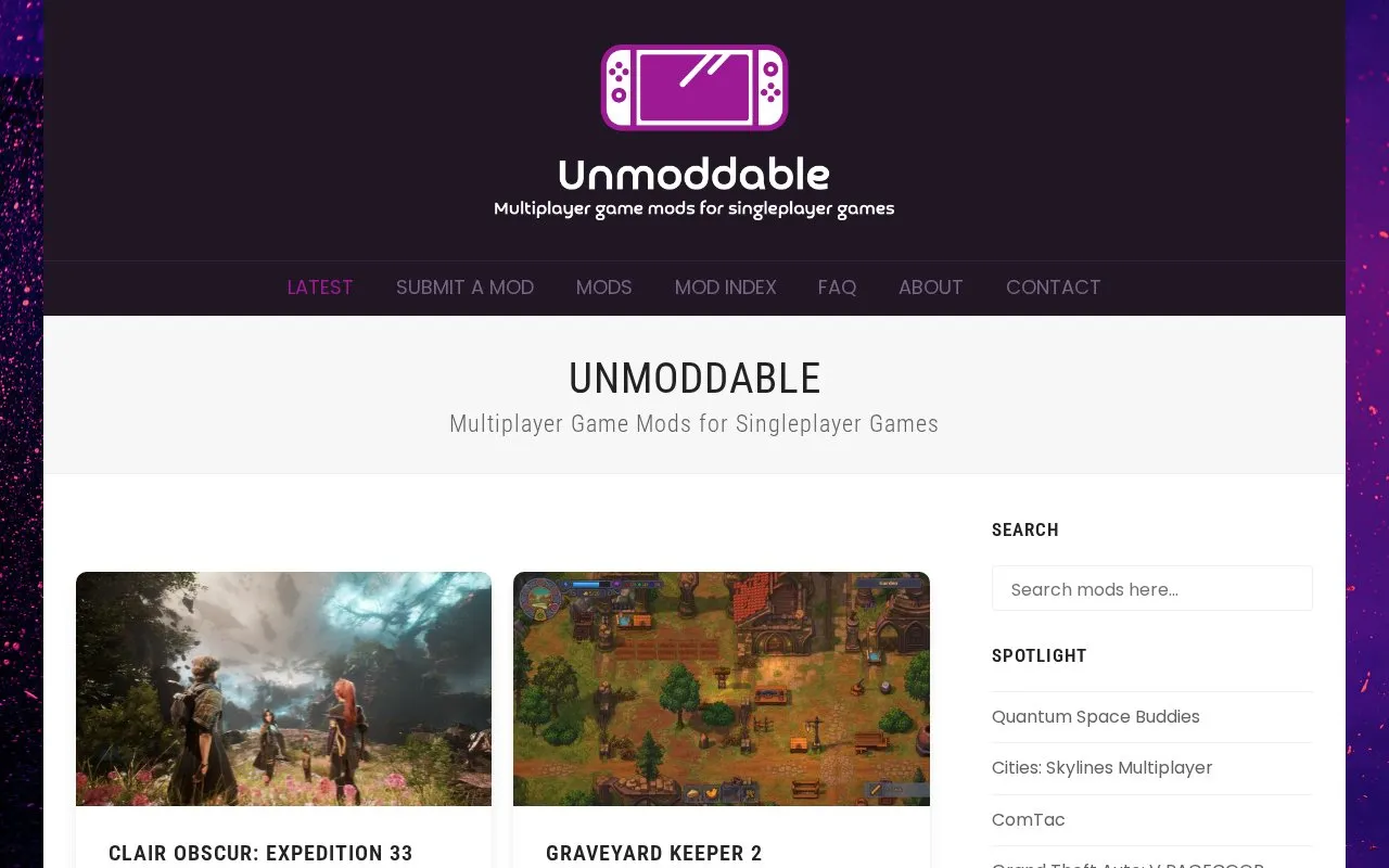Unmoddable homepage screenshot