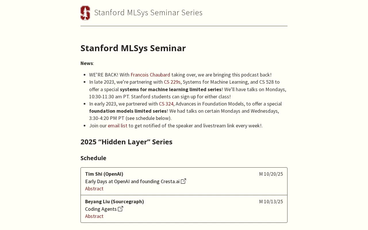 Stanford MLSys Seminar Series homepage screenshot