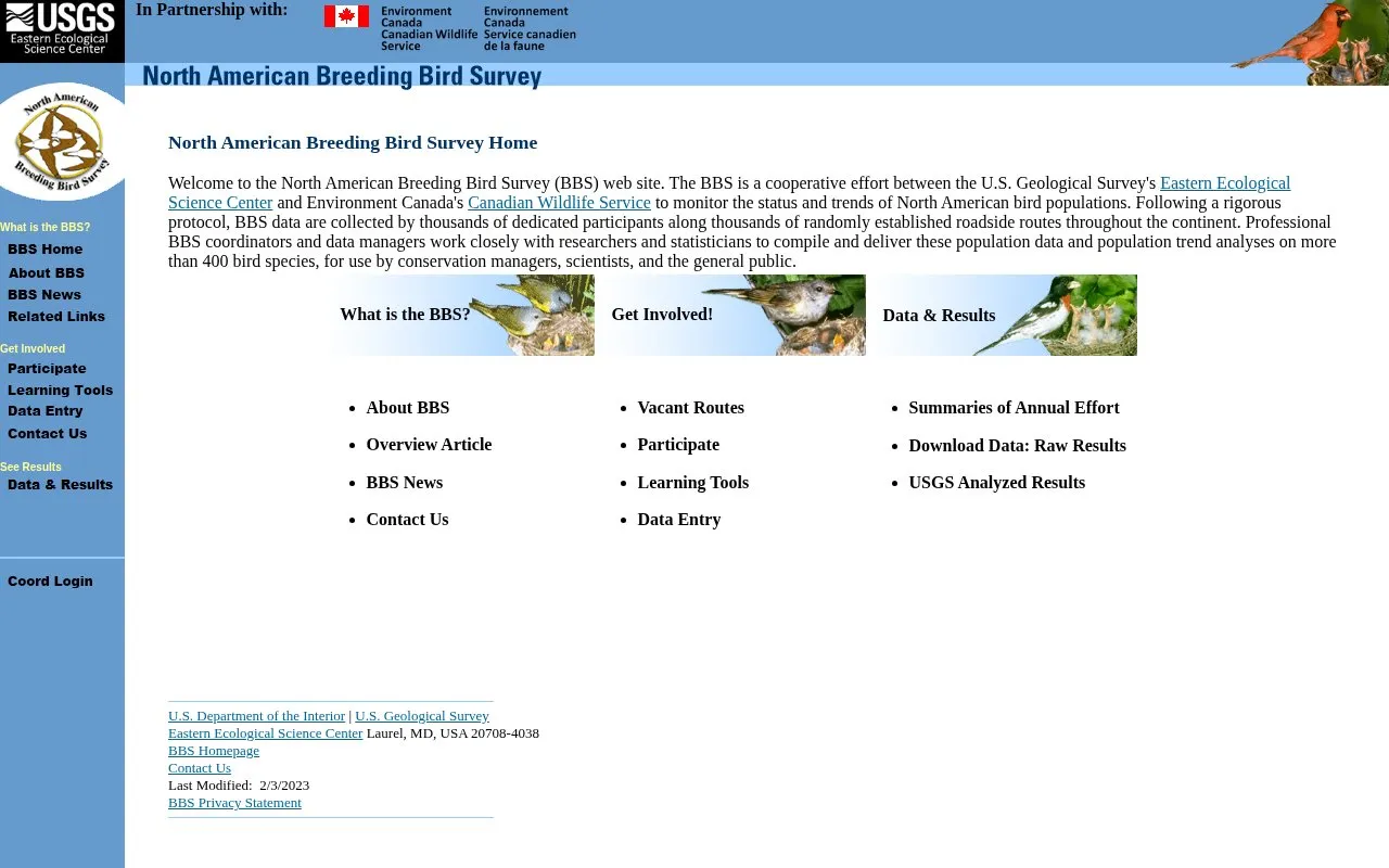 North American Breeding Bird Survey homepage screenshot